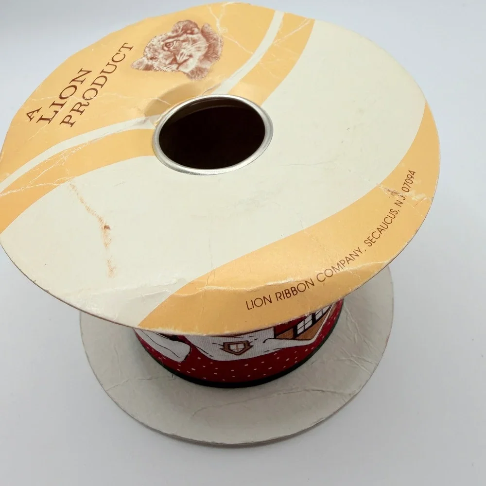 Lion Ribbon Village Christmas Red Winter Scene Fabric Ribbon 2.5